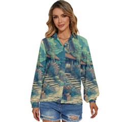 House Garden Building Flowers Women s Long Sleeve Button Up Shirt