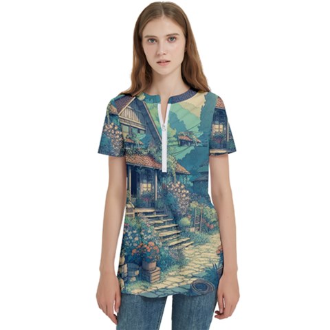 House Garden Building Flowers Women s Zip Front V-neck Short Sleeve Casual Top Pocket Shirt by Salmanaz77