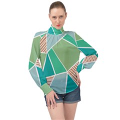 Geometric Colors  Pool High Neck Long Sleeve Chiffon Top