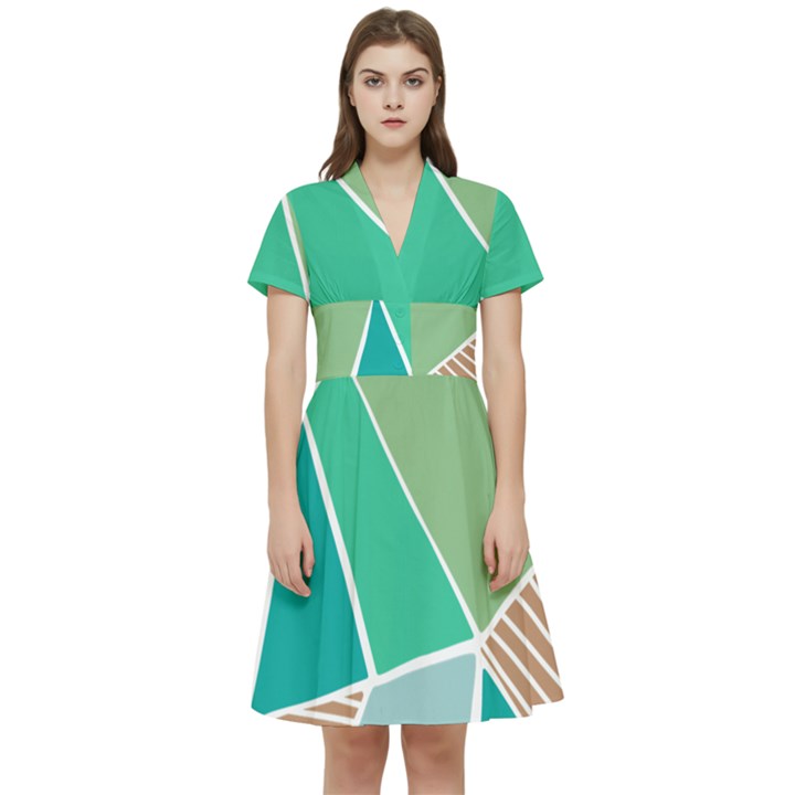 Geometric Colors  pool Short Sleeve Waist Detail Dress