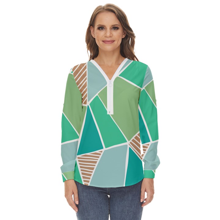 Geometric Colors  pool Zip Up Long Sleeve Blouse