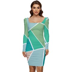 Geometric Colors  Pool Women Long Sleeve Ruched Stretch Jersey Dress