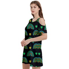 Dark Rainbow Pattern  Women s Cold Shoulder Round Neck Mini Dress by ConteMonfrey