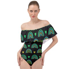 Dark Rainbow Pattern  Off Shoulder Velour Bodysuit 