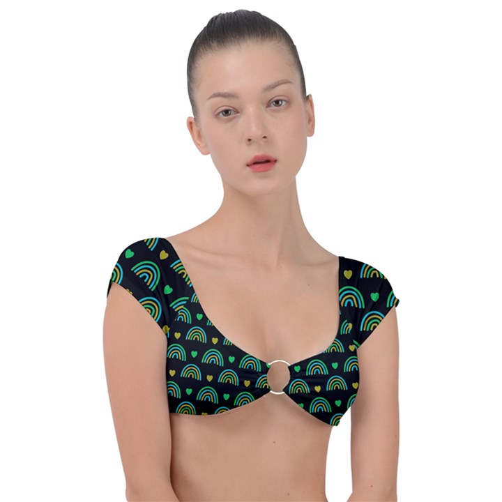 Dark Rainbow Pattern  Cap Sleeve Ring Bikini Top