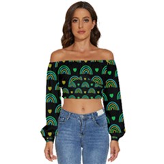 Dark Rainbow Pattern  Long Sleeve Crinkled Weave Crop Top