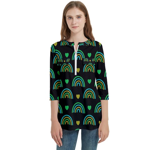 Dark Rainbow Pattern  Women s Zip Front V-neck 3/4 Sleeve Casual Top Pocket Shirt by ConteMonfrey