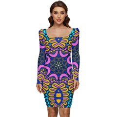 Mandala Fishes   Women Long Sleeve Ruched Stretch Jersey Dress