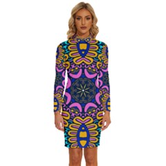 Mandala Fishes   Long Sleeve Shirt Collar Bodycon Dress