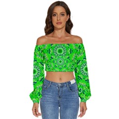 Mandala Flowers   Long Sleeve Crinkled Weave Crop Top