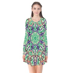 Cold Colors Mandala   Long Sleeve V-neck Flare Dress