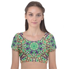 Cold Colors Mandala   Velvet Short Sleeve Crop Top 