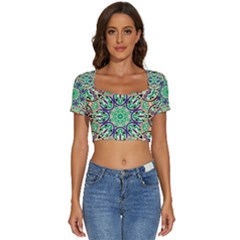 Cold Colors Mandala   Short Sleeve Square Neckline Crop Top 