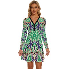 Cold Colors Mandala   Long Sleeve Deep V Mini Dress 