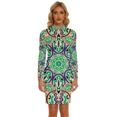 Cold Colors Mandala   Long Sleeve Shirt Collar Bodycon Dress