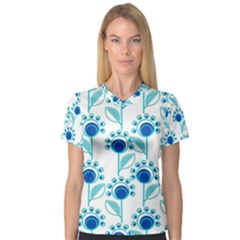 Blue Daisy Minimalist Leaves   V-neck Sport Mesh T-shirt