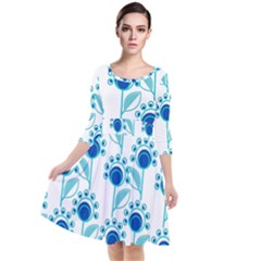 Blue Daisy Minimalist Leaves   Quarter Sleeve Waist Band Dress