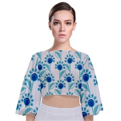 Blue Daisy Minimalist Leaves   Tie Back Butterfly Sleeve Chiffon Top