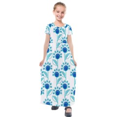 Blue Daisy Minimalist Leaves   Kids  Short Sleeve Maxi Dress