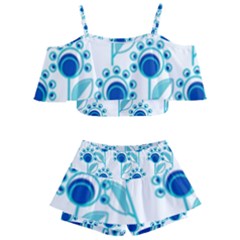 Blue Daisy Minimalist Leaves   Kids  Off Shoulder Skirt Bikini