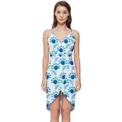 Blue Daisy Minimalist Leaves   Wrap Frill Dress