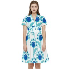 Blue Daisy Minimalist Leaves   Short Sleeve Waist Detail Dress