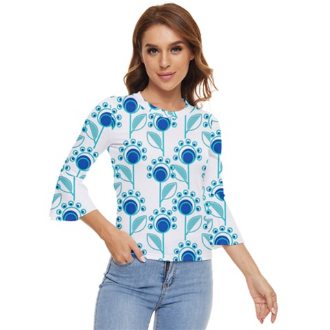 Blue Daisy Minimalist Leaves   Bell Sleeve Top by ConteMonfrey