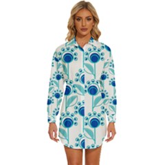 Blue Daisy Minimalist Leaves   Womens Long Sleeve Shirt Dress