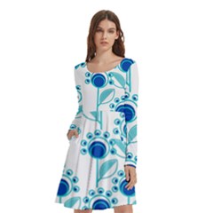 Blue Daisy Minimalist Leaves   Long Sleeve Knee Length Skater Dress With Pockets