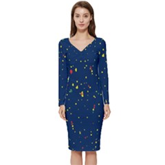 Christmas Sky Happy Long Sleeve V-neck Bodycon Dress  by Dutashop