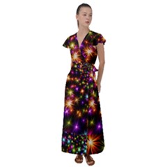 Star Colorful Christmas Abstract Flutter Sleeve Maxi Dress