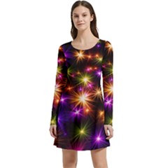 Star Colorful Christmas Abstract Long Sleeve Velour Skater Dress