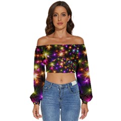 Star Colorful Christmas Abstract Long Sleeve Crinkled Weave Crop Top