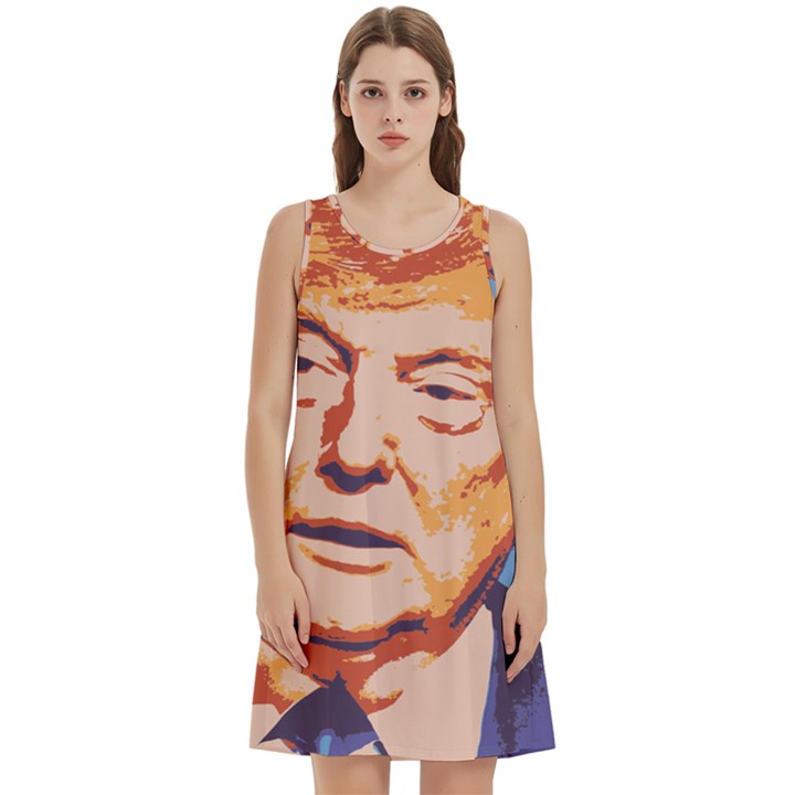 Orange Donald Trump Round Neck Sleeve Casual Dress With Pockets