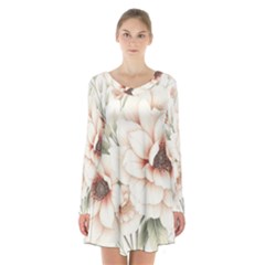 Floral Design Long Sleeve Velvet V-neck Dress