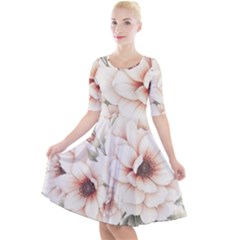 Floral Design Quarter Sleeve A-line Dress