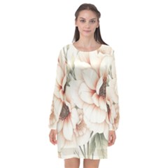 Floral Design Long Sleeve Chiffon Shift Dress 