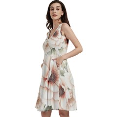 Floral Design Sleeveless V-neck Skater Dress With Pockets by myclothy