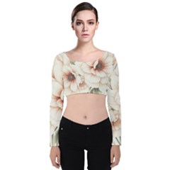 Floral Design Velvet Long Sleeve Crop Top