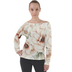 Floral Design Off Shoulder Long Sleeve Velour Top