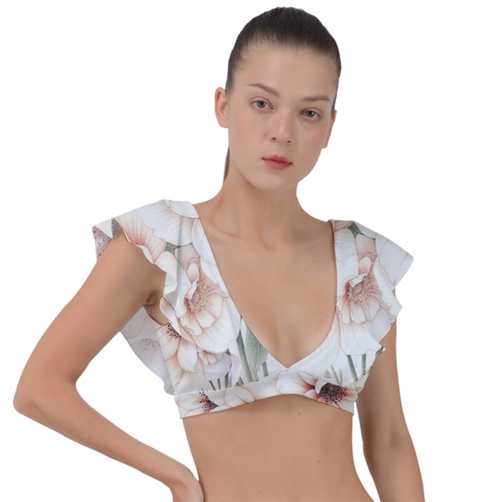 Floral Design Plunge Frill Sleeve Bikini Top