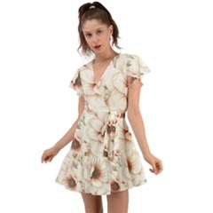 Floral Design Flutter Sleeve Wrap Dress