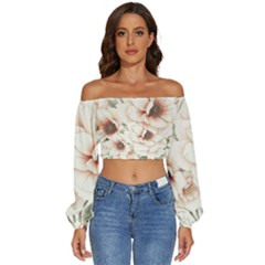 Floral Design Long Sleeve Crinkled Weave Crop Top