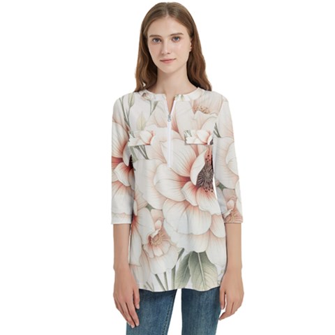 Floral Design Women s Zip Front V-neck 3/4 Sleeve Casual Top Pocket Shirt by myclothy