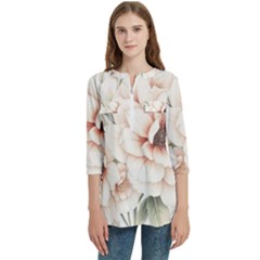 Floral Design Women s Zip Front V-neck 3/4 Sleeve Casual Top Pocket Shirt