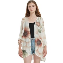 Floral Design Open Front 3/4 Sleeve Batwing Chiffon Cardigan Kimono by myclothy