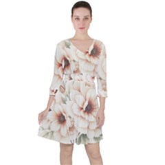 Floral Design 02 Quarter Sleeve Ruffle Waist Dress