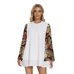 Floral Design 02 Round Neck Long Sleeve Bohemian Style Chiffon Mini Dress