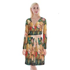  Floral Design 03 Long Sleeve Velvet Front Wrap Dress