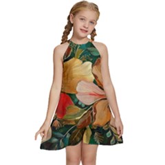  Floral Design 03 Kids  Halter Collar Waist Tie Chiffon Dress